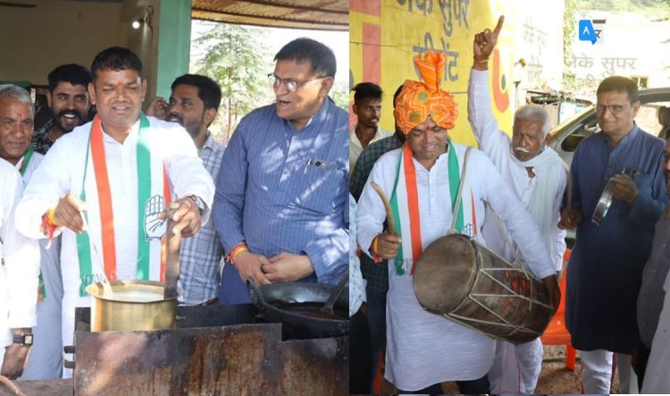 कांग्रेस प्रत्याशी लक्ष्मण सिंह डिंडोर ने टी स्टॉल पर चाय बनाकर लोगों को पिलाई, ढोल बजाया तो जिला कांग्रेस अध्यक्ष पटेल ने थाली बजाकर की संगत
