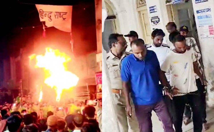 माहौल बिगाड़ने का करतब ! मोहर्रम के जुलूस के दौरान मुंह में केरोसिन भर हिंदू राष्ट्र के भगवा बैनर पर उगली आग, हिंदुओं ने जले बैनर तले पढ़ी हनुमान चालीसा, 4 आरोपी गिरफ्तार